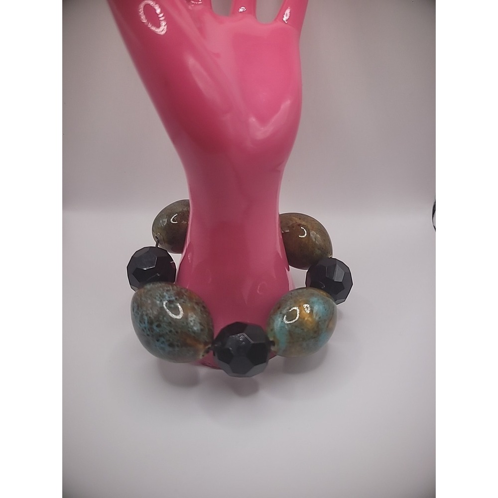Vintage Bracelet Blue Tan Chalcedony Stone Beaded Black Faceted Stretch‎